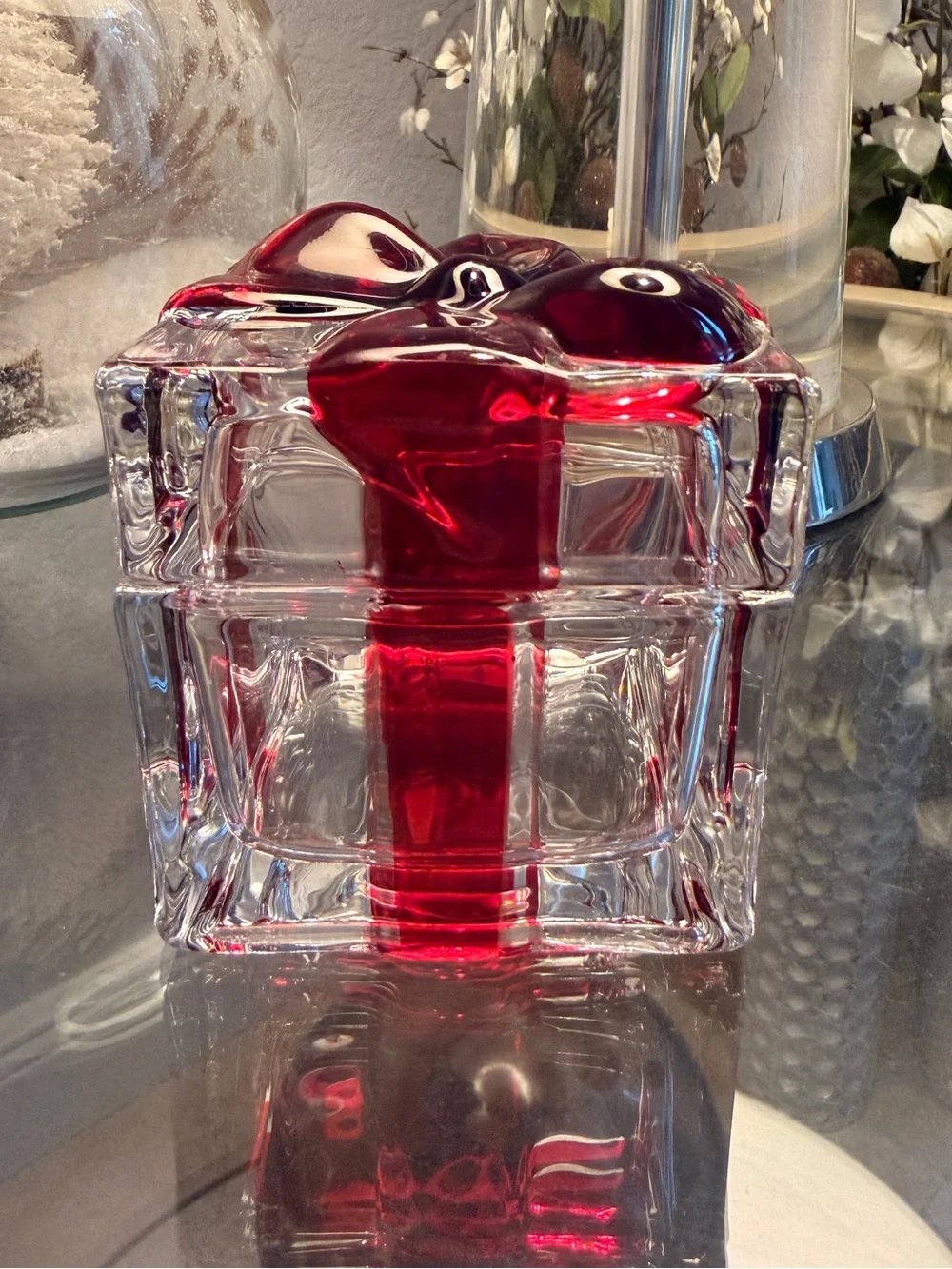 Godinger Crystal Glass Present Trinket Box Red Bow Holiday Decor GUC
